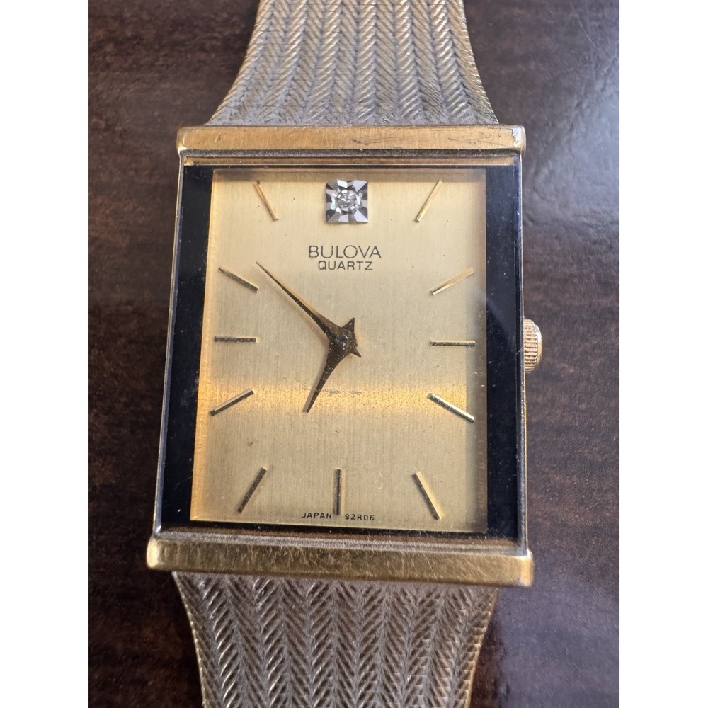 BULOVA Gold Quartz Mens Watch Co.P9 92R06 Gem Rectangle Face Needs Battery